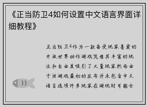 《正当防卫4如何设置中文语言界面详细教程》