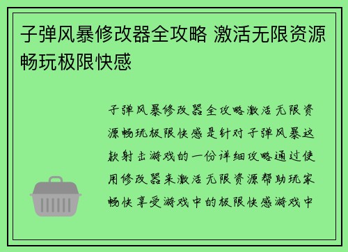 子弹风暴修改器全攻略 激活无限资源畅玩极限快感 子弹风暴修改器全攻略 激活无限资源畅玩极限快感